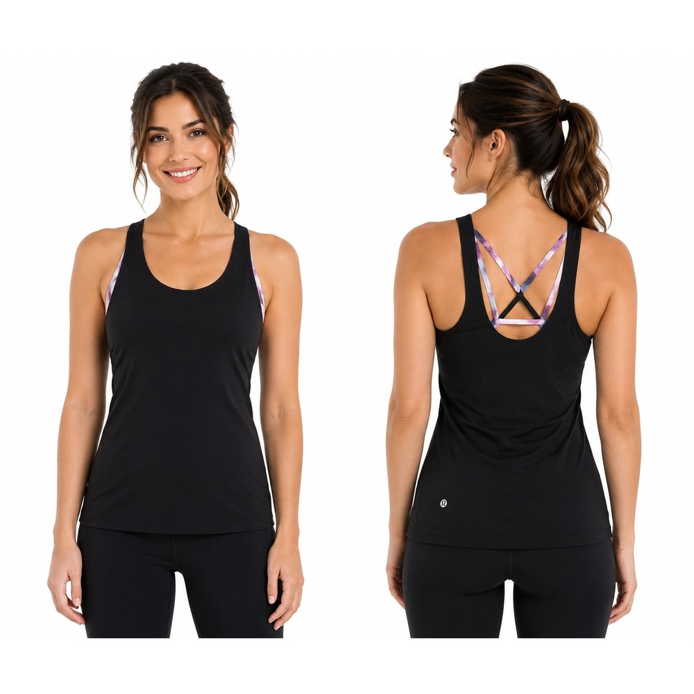 Lululemon Tank Top Criss Cross Back Athletic Bra Black Purple Size 6 Duo